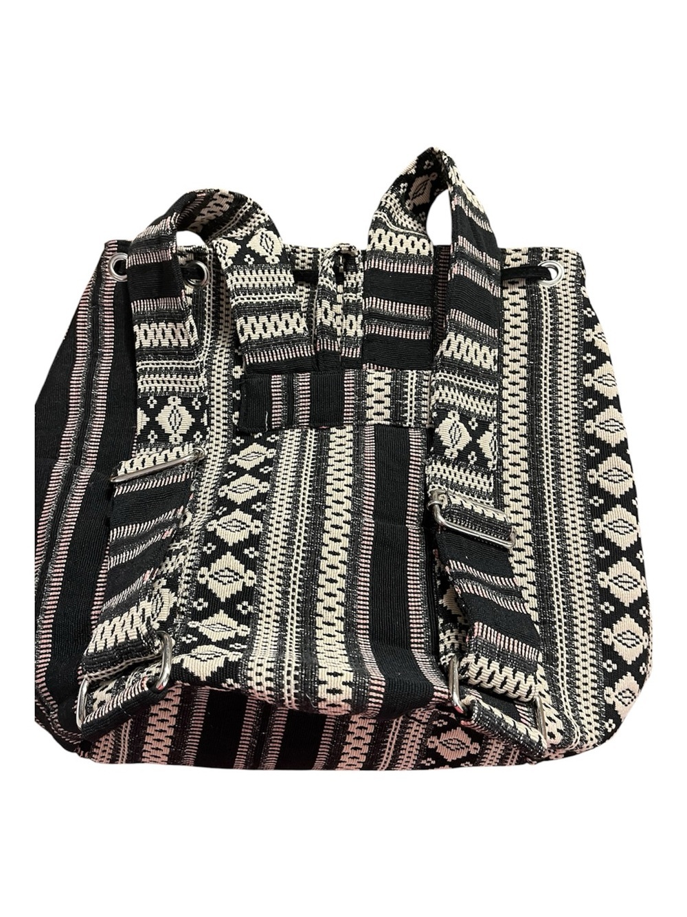 Woven Black & Cream Boho Drawstring Backpack with Leather Tassels - Picture 5 of 10